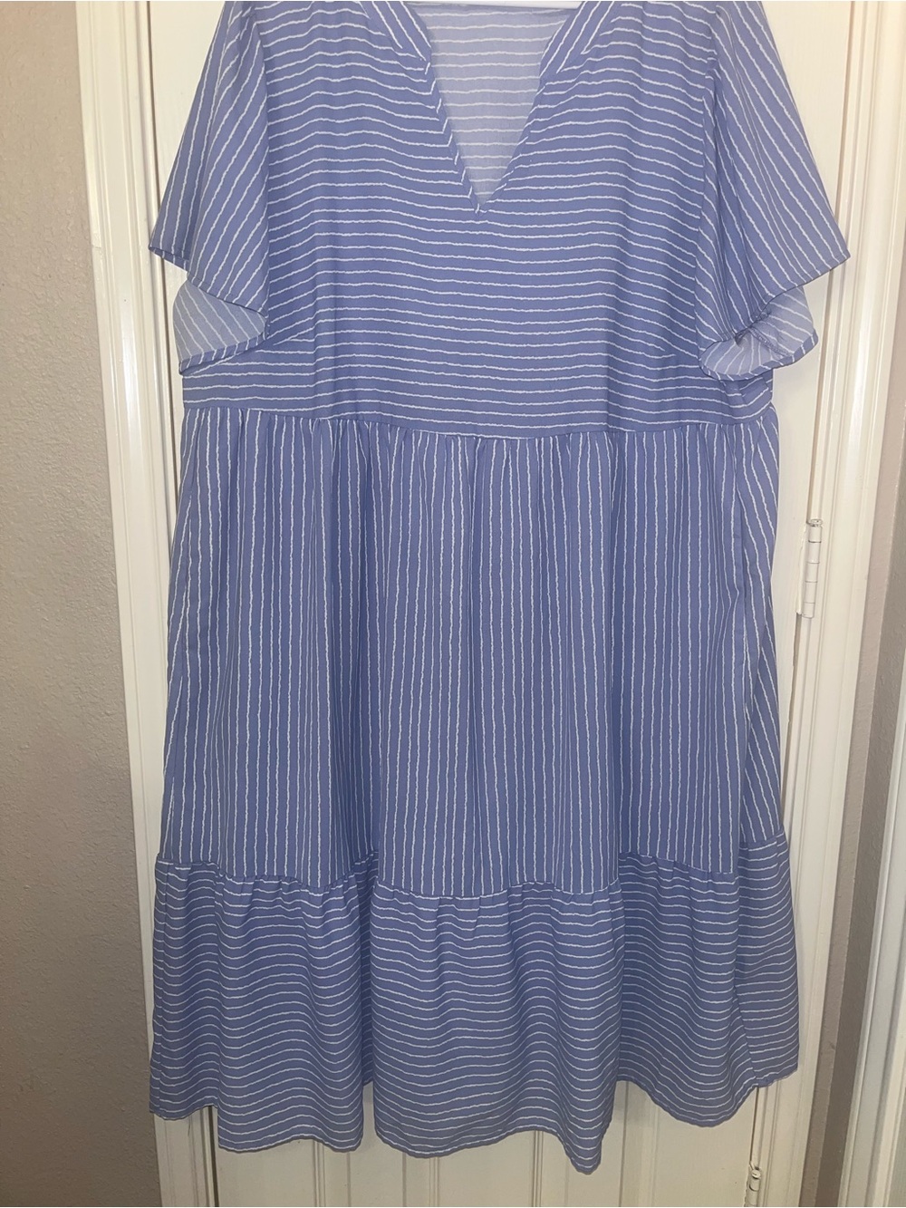Women’s Blue Striped V-Neck Tiered Dress